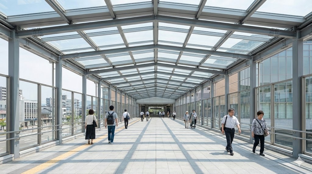 屋根付きの歩行者デッキを通る最短ルートの歩き方